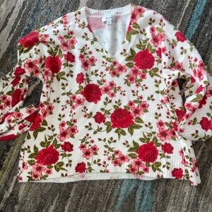 V-Neck Soft White Sweater with Red Floral Print NWOT